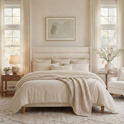 Cream Bouclé Upholstered Bed with Tall Wavy Headboard & Vintage Solid Wood Legs