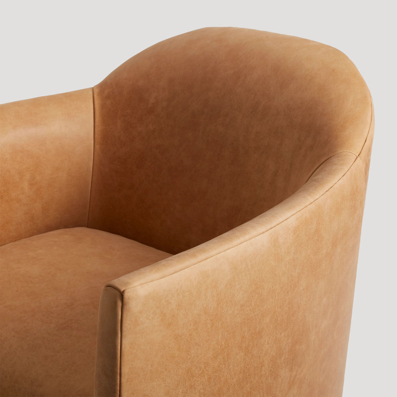 About Face Upholstered Swivel Club Chair, Camel Genuine Leather