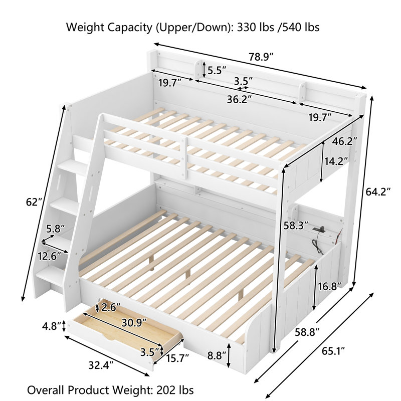Twin Over Full Bunk Bed With Storage, White