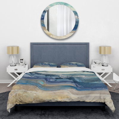 Coast Blue Sea Waves Watercolor - Modern Farmhouse Duvet Cover Set - Microfiber Polyester