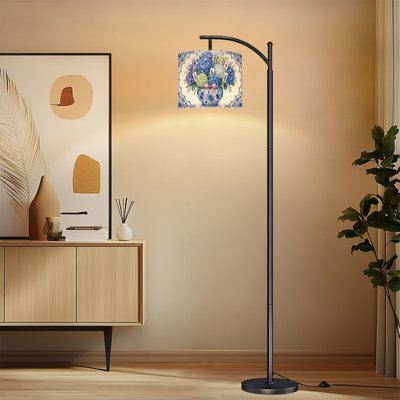 Arc Floor Lamp with Adjustable Lampshade Hydrangea Bouquet Blue Mahjong Tiles Mahjong Lovers Gift Standing Lamp 3 Color Temperatures Dimmable Tall Pole Lamp with Foot Switch for Bedroom Mahjong room