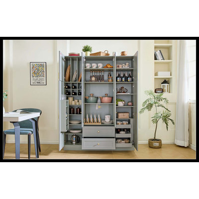 [Assembly Video Available] Modern Large Kitchen Pantry With 6 Doors, 53.2"L X 17.7"W Storage Cabinet Cupboard With Drawers, Adjustable Shelves, Pull-Out Trays & Wine Rack For Dining Room, Green