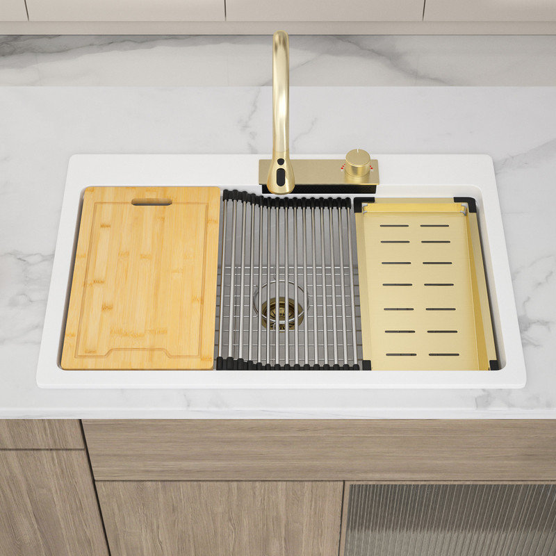 Quartz 33 x 22 Inch Drop-in Granite Composite Kitchen Sink Workstation Sink Single Bowl Sink, White