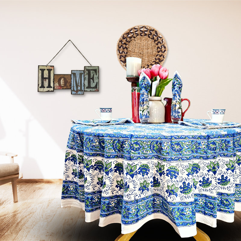 Block Print Lotus Flower Cotton Round Tablecloth