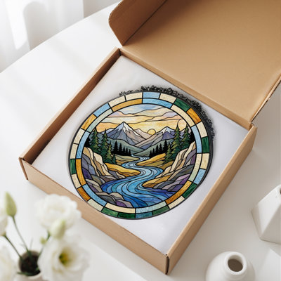 Mountain River Stained Glass Window Panel，12"H
