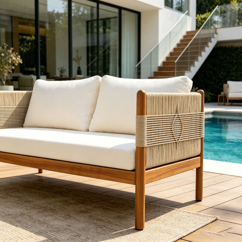 Outdoor Acacia Wood Loveseat Sofa, Beige,Cream,Teak