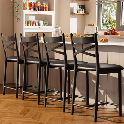Ensemble de 4 tabourets de bar, tabourets de cuisine avec repose-pieds et dossier, tabourets de bar en cuir de polyuréthane avec repose-pieds, tabouret de bar avec support dorsal pour îlot de cuisine, appartement, comptoir de bar