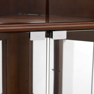 Armoire de coin avec lumières, tablettes réglables en verre trempé, fond en miroir, noyer