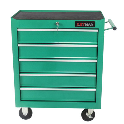 Coffre à outils à 5 tiroirs, armoire de rangement pour outils pour le garage avec 4 roues et système de verrouillage, vert
