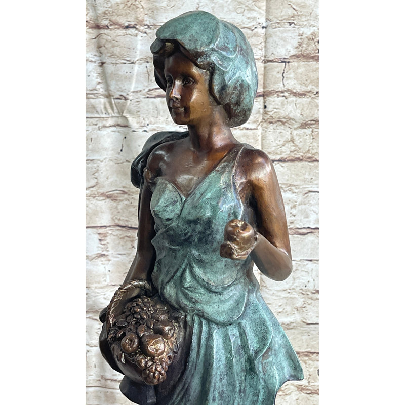 Bronze Statue of Woman Holding Basket on Marble Base