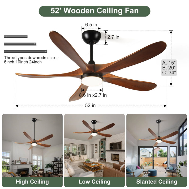 52 Inch Solid Wood Ceiling Fan With LED Light & Remote Control, Indoor/Outdoor 5-Blade Quiet DC Motor For Patio Bedroom Living Room