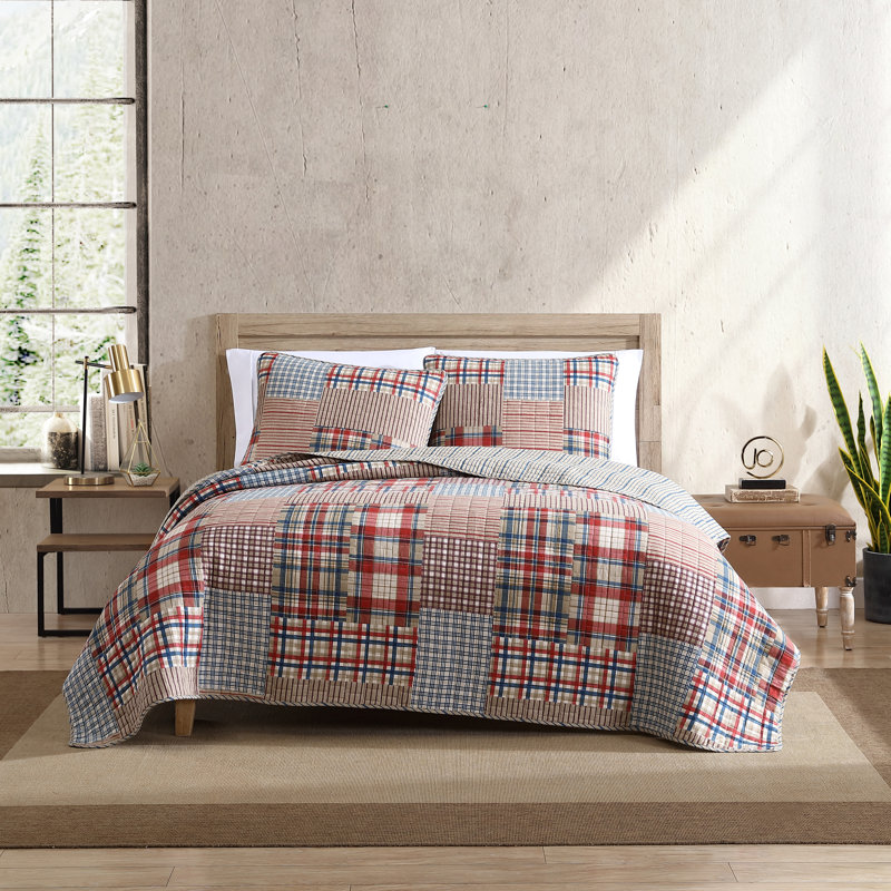 Brown Plaid Cotton Twin Reversible Quilt Set with Sham