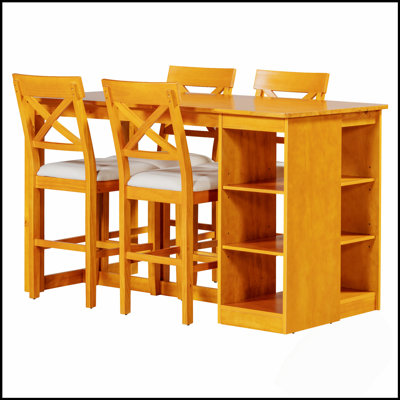 60Lx30w Solid Wood Farmhouse Counter Height Dining Table Set With 3-Tier Storage, Upholstered Chairs For 4, 5-Piece