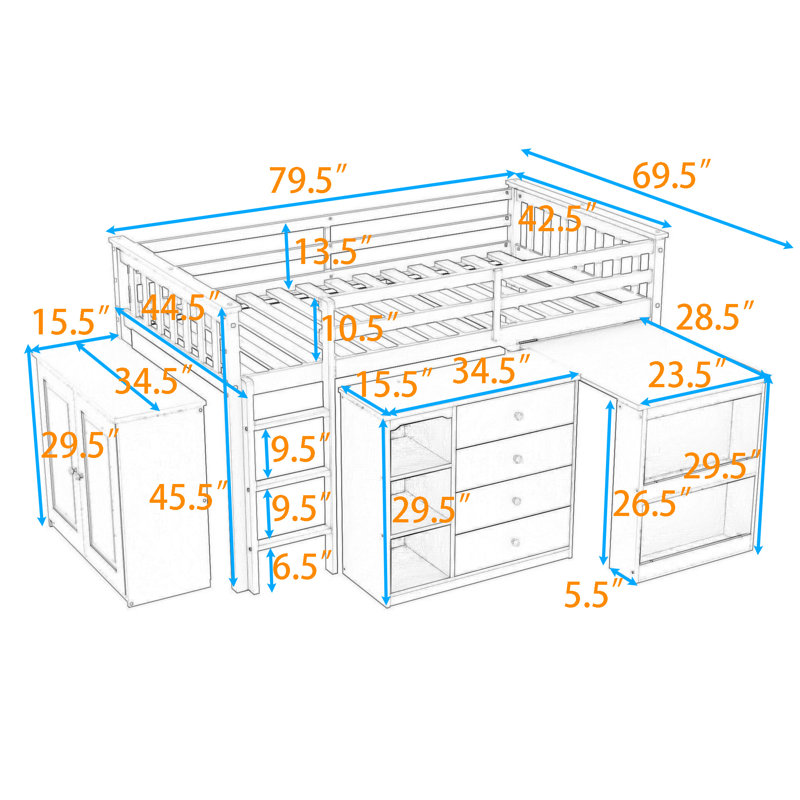 Twin Loft Bed With Storage Cabinets, Desk, And Safety Features, Grey