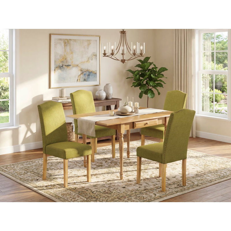 5 Piece Modern Dining Table Set Includes a Rectangle Wooden Table with Dropleaf and 4 Linen Fabric Parson Chairs, Oak, Green