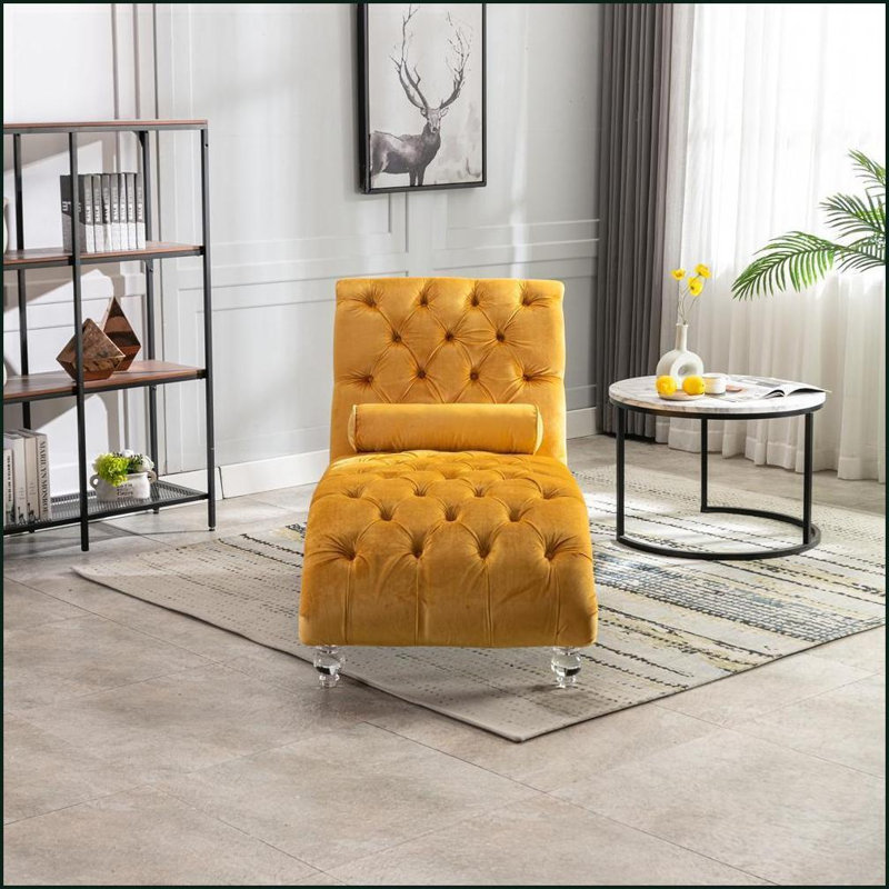 Chaise longue en velours capitonné capitonné avec coussin | Structure en bois robuste | Velours moutarde, Jaune