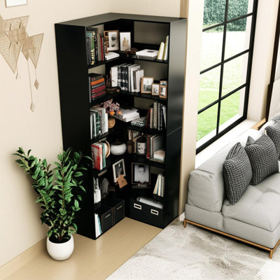 Bibliothèque d'angle à 6 niveaux avec tablette de rangement en L en bois rustique pour le salon et le bureau