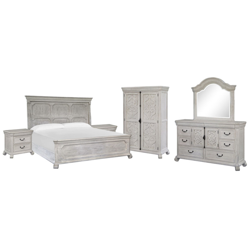 California King Panel Bed 2 Nightstands Drawer Dresser With Shaped Mirror And Armoire