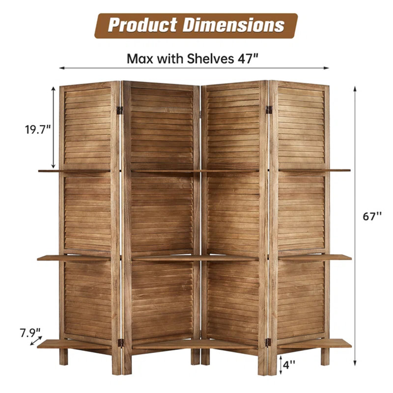 Paravent double face avec tablettes pour la séparation des pièces, 4, L 63 po x H 67 po, Brun