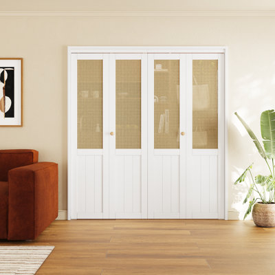 48 po x 80 po Portes de placard pliantes en bois massif et imitation rotin blanc tissé à la main avec trousse de quincaillerie 48 po x 80 po