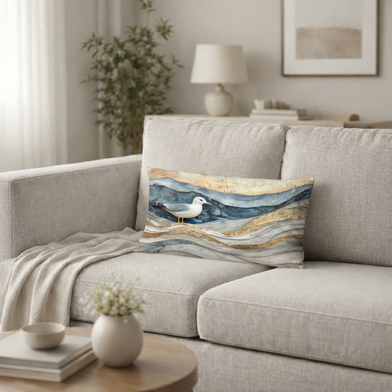 Coussin décoratif à motif animalier - Mouette en marbre moderne sur la plage, H 12 po x l 20 po