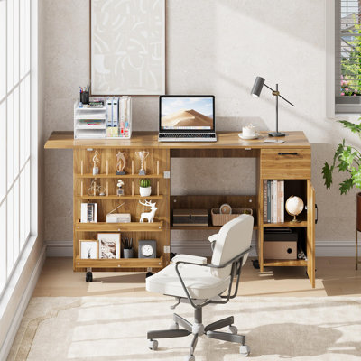 Table de machine à coudre pliante peu encombrante pour vestibule - Armoire d'artisanat multifonctionnelle avec tablettes de rangement, tiroir coulissant, roues verrouillables - Bureau d'organisation compact pour la chambre à coucher, petits espaces