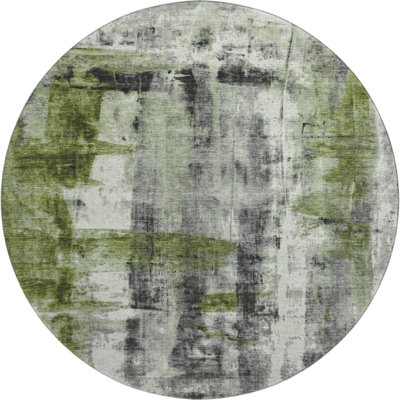 8' Olive Green Charcoal And Ivory Abstract Washable Round Rug With UV Protection