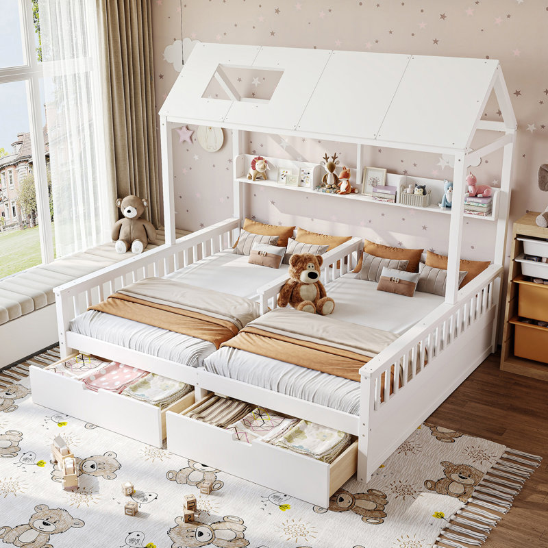 Kids Double Twin House Platform Bed With Shelves And 2 Drawers, White
