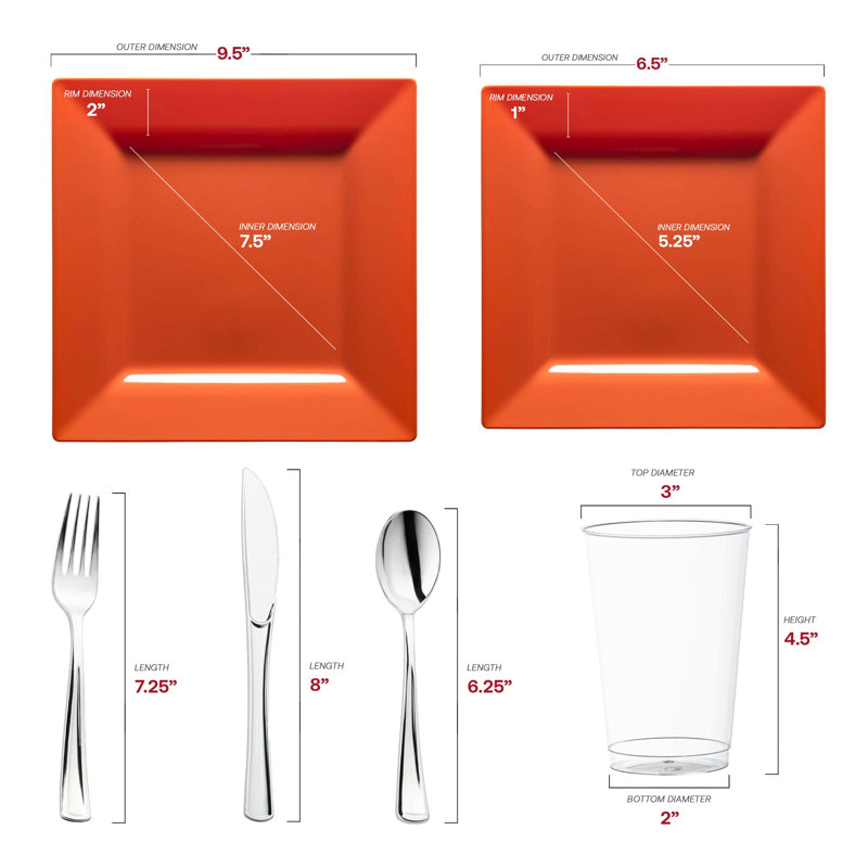 Assiettes carrées en plastique orange brûlé, ensemble de 60 pièces, idéal pour un mariage.