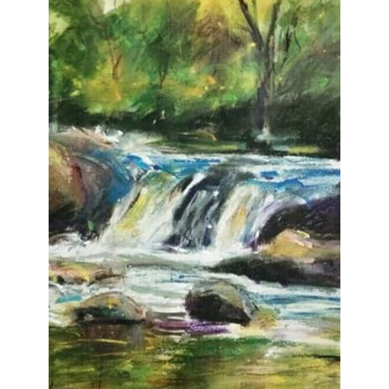 Petite chute d'eau qui coule - Paysage | Pastel à l'huile sur papier | Par Mukal