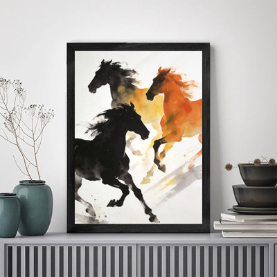 Art mural encadré noir pour salon et chambre à coucher, deux chevaux qui courent, peinture d'art mural avec cadre en bois noir durable pour la décoration intérieure