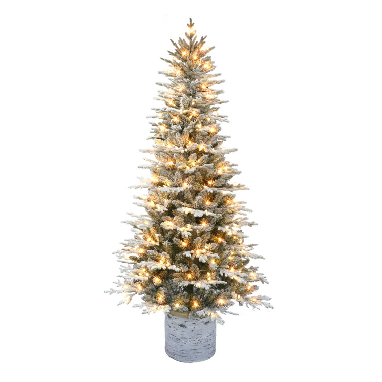 7.5 Ft Pre-Lit Potted Flocked Arctic Fir Tree, 1973 Tips, 250 Warm White LED Lights, UL Listed Adaptor, Birch Wood Look Base