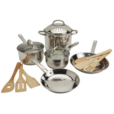 Basic Essentials 14-Piece Induction-Ready Stainless Steel Cookware Set with Pasta Pot, Strainer, and Bamboo Tools