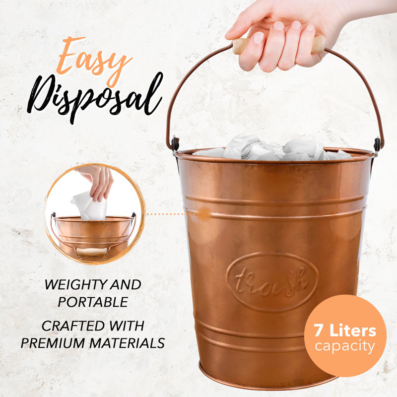 Copper Galvanized Farmhouse Trash Can with Wooden Handle