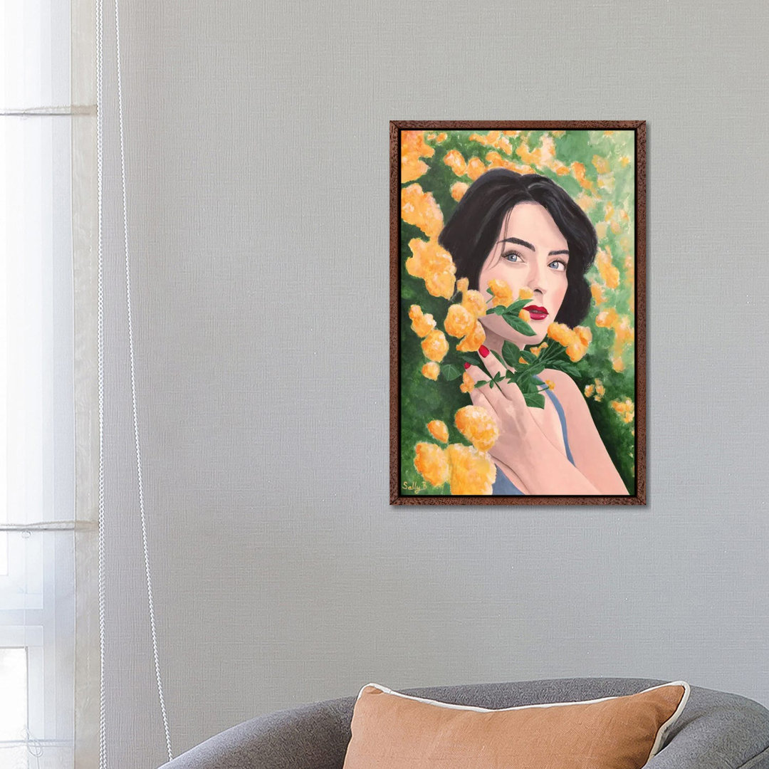 Woman In Orange Flower Garden von Sally B - Galerie-verpackte Leinwand Giclée auf Leinwand