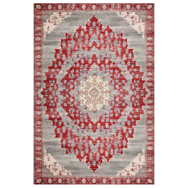 Marisol Green Red Beige Oriental Machine Printed Cotton Polyester Area Rug, Round 5'3"