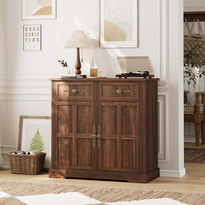 Buffet Farmhouse de 33,5 pouces de largeur, armoire à café avec 4 tiroirs, 2 portes d'armoire et poignées élégantes en or