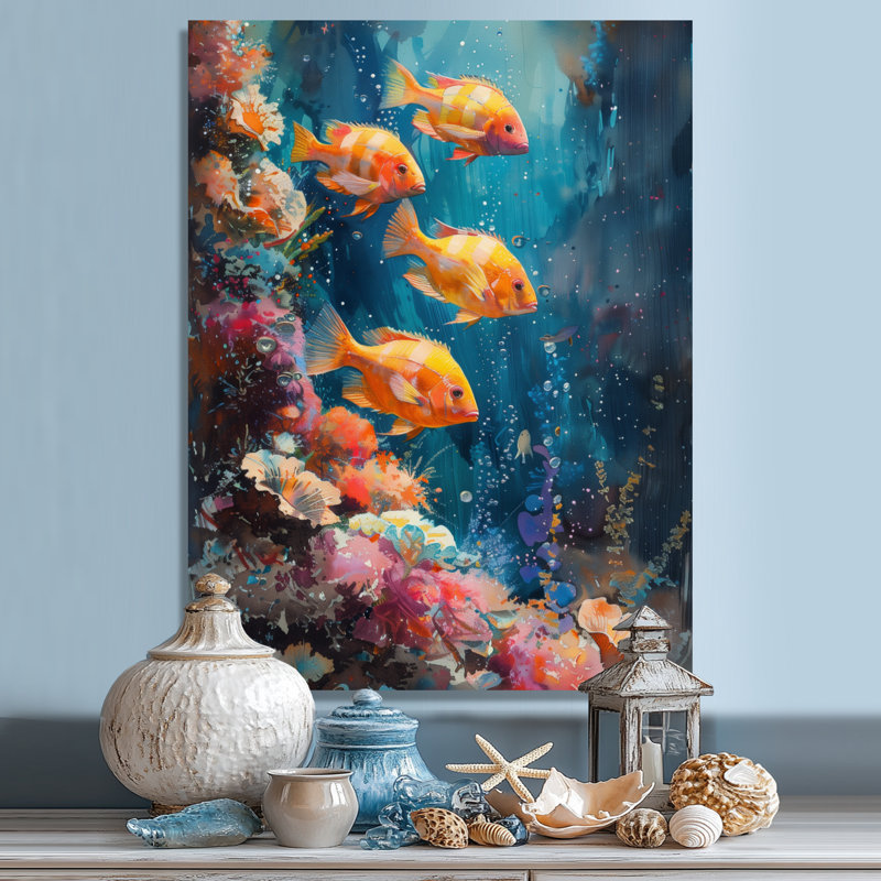 «Blue Orange Coral Marine Fish Life III», art mural corail, Toile tendue, H 24 po x l 32 po