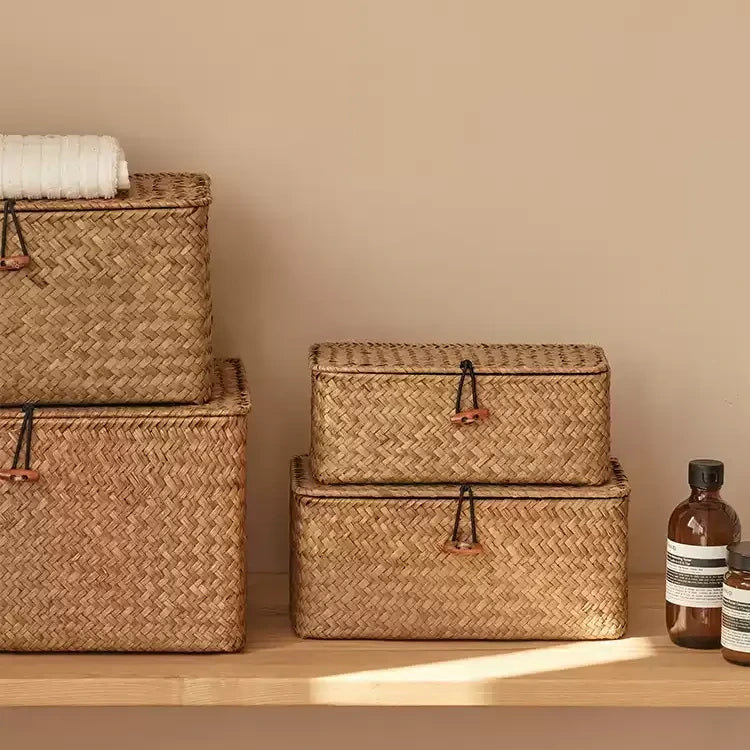 Boîte de rangement tissée avec couvercle, [Moyen], Brun