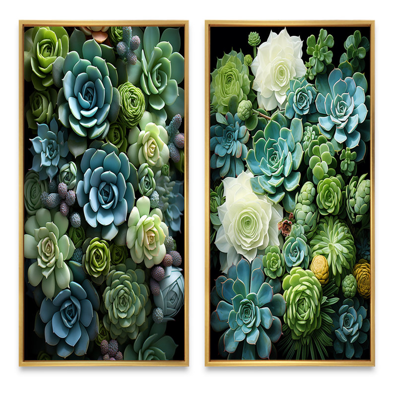 «Green Succulents Serenity Garden», 2 pièces, H 40 po x l 40 po, Encadrement doré