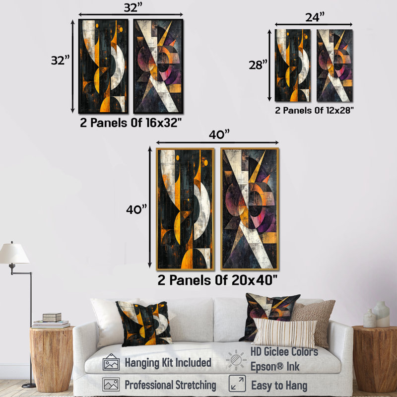 «Yellow Fragment Abstract Shapes I», ensemble de 2 reproductions d'art abstrait, H 40 po x l 40 po, Cadre flottant érable