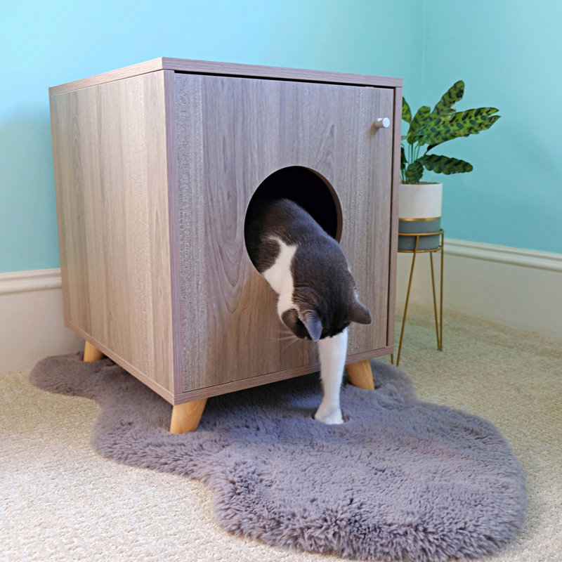 Small Gray Oak Wood Cat Litter Box Enclosure Nightstand
