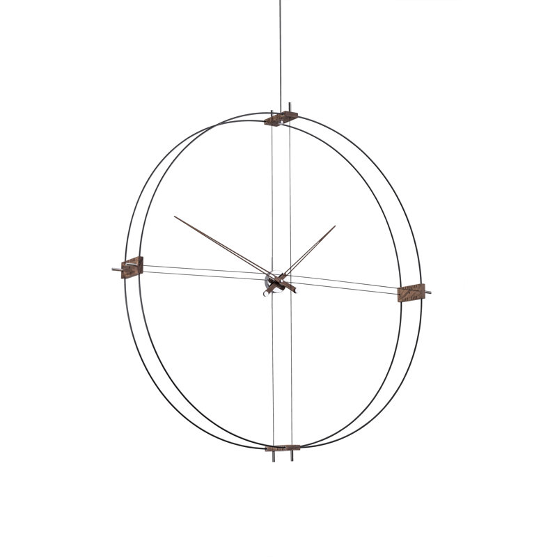 Large Black and Walnut Modern Wall Clock with Steel Mechanism
