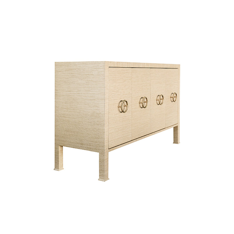 Contemporary Beige Grasscloth 58'' Sideboard with Antique Brass Hardware