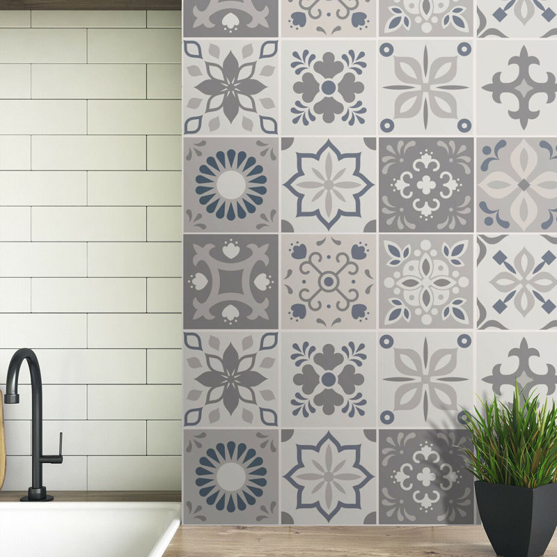 Marjorelle Moroccan Wall Tile Sticker Set 15cm x 15cm PVC, Light Grey