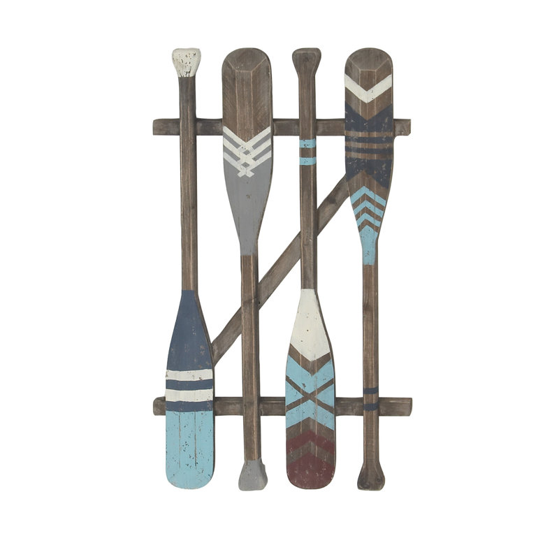 Wood Arrow and Stripe Patterned Paddle Home Wall Decor with Muted Blue Accents, Brown