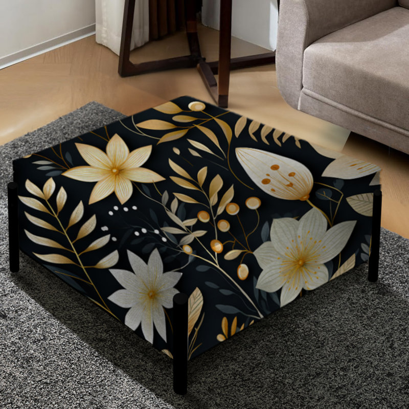 Motif de plantes fougères beige et noir - grand repose-pieds carré floral