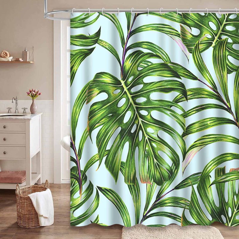 Rideau de douche bleu à motif de feuilles de palmier tropicales bleu sarcelle avec 12 crochets, L 72 po x l 72 po