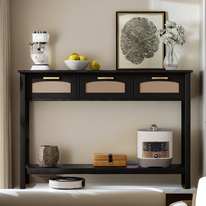  Entryway Table With Storage, Console Table With Open Storage Golden Metal Handles, Narrow Hallway Table With 3 Rattan Drawers, Sideboard Sofa Tables For Living Room Hallway Black