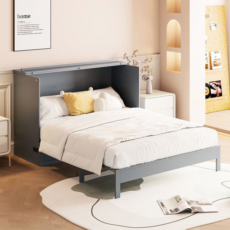 Lit escamotable double avec grands tiroirs de rangement - Lit mural pliable pour petits appartements ou chambres d'amis, Gris